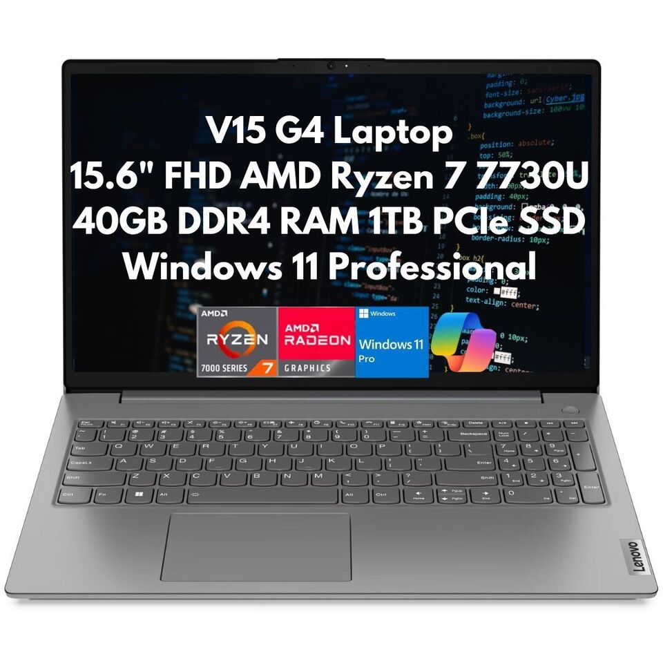 New Lenovo V15 Gen 4 15.6" FHD 8-Core Ryzen 7 7730U 40GB 1TB SSD Webcam Win11Pro