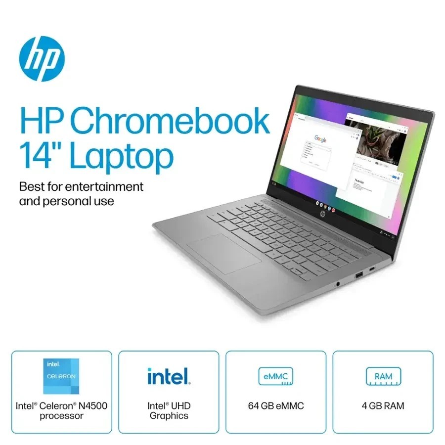 New HP Chromebook 14" HD Quad-Core Celeron N4500 4GB 64GB eMMC Webcam Chrome OS - Image 2