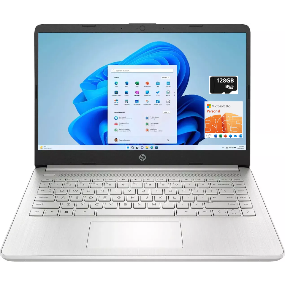 New HP Laptop 14" HD Intel Celeron N4120 8GB 128GB eMMC +MicroSD Office Silver