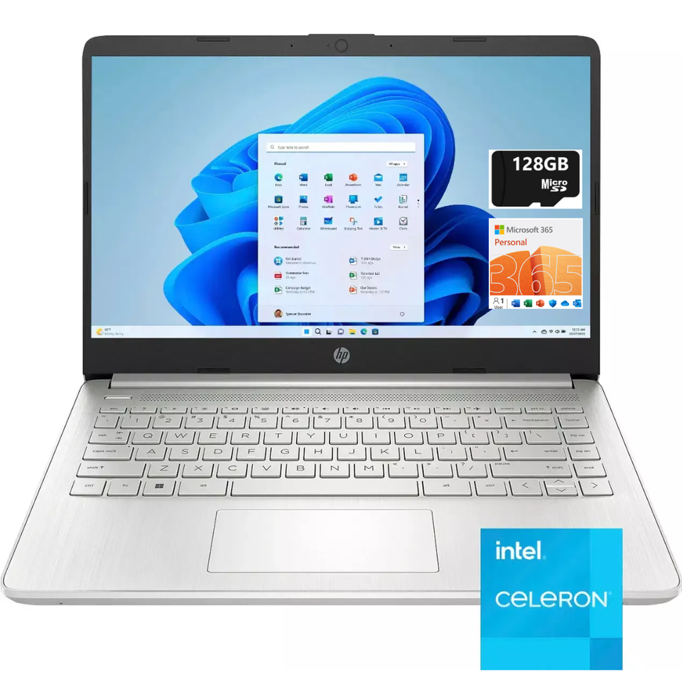 New HP Laptop 14" HD Intel Celeron N4120 16GB 128GB eMMC + MicroSD Office Silver