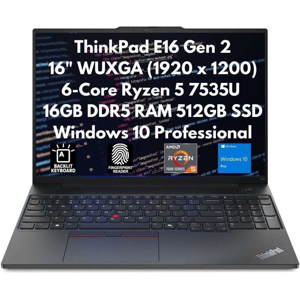 New Lenovo ThinkPad E16 Gen 2 16" FHD+ Ryzen 5 7535U 16GB 512GB SSD CAM FPR W10P