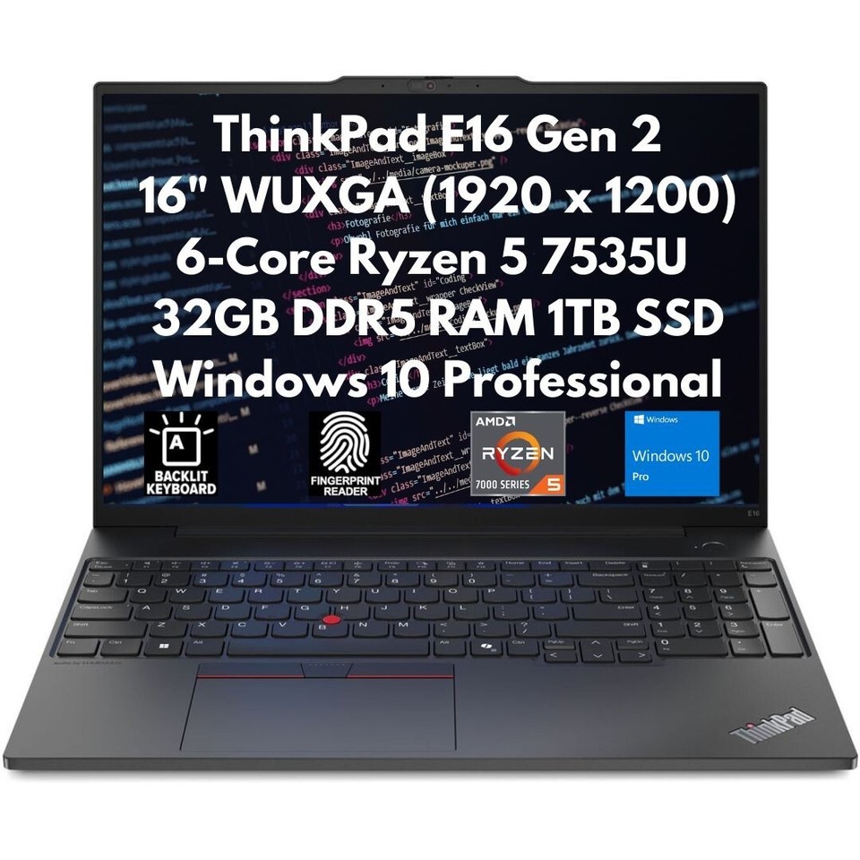 New Lenovo ThinkPad E16 Gen 2 16" FHD+ Ryzen 5 7535U 32GB 1TB SSD CAM FPR W10P