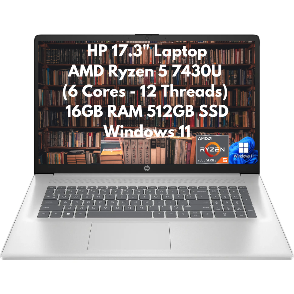 New HP 17.3" FHD Laptop 6-Core Ryzen 5 7430U 16GB 512GB PCIe SSD Webcam Win 11