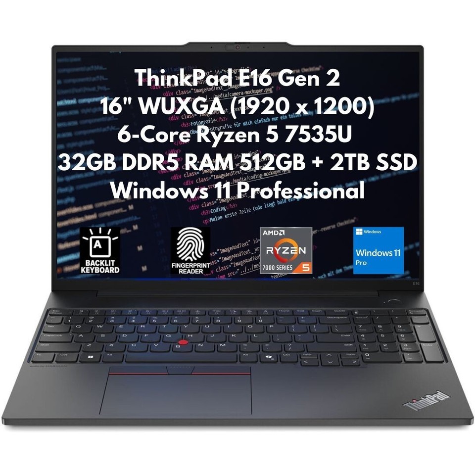 New Lenovo ThinkPad E16 Gen 2 16" FHD+ Ryzen 5 7535U 32GB 512GB + 2TB SSD FPR