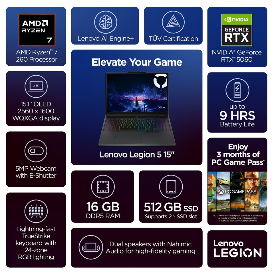 Lenovo Legion 5 Gaming 15.1" WQXGA OLED 165Hz Ryzen 7 260 16GB 512GB RTX 5060 - Image 2