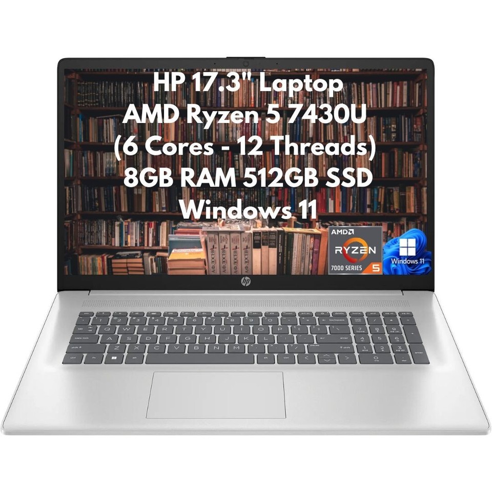 New HP 17.3" FHD Laptop 6-Core Ryzen 5 7430U 8GB 512GB PCIe SSD Webcam Windows11