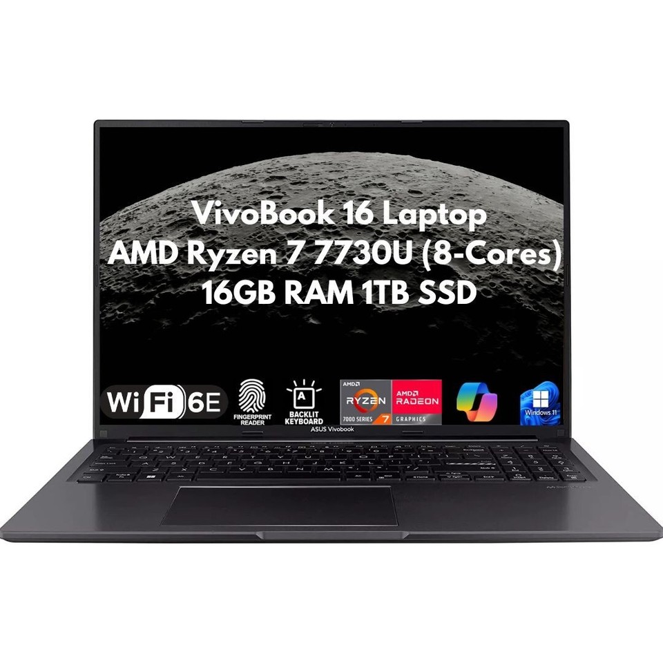 New Asus VivoBook 16" WUXGA 8-Core Ryzen 7 7730U 16GB 1TB SSD Webcam FPR Win 11