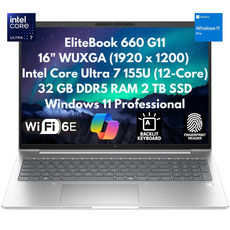New HP EliteBook 660 G11 16" WUXGA Core Ultra 7 155U 32GB 2TB SSD IRCam FPR W11P