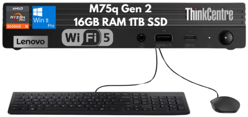 Lenovo ThinkCentre M75q Gen 2 Tiny Ryzen 5 PRO 5650GE 16GB 1TB Wi-Fi Kybd Mouse