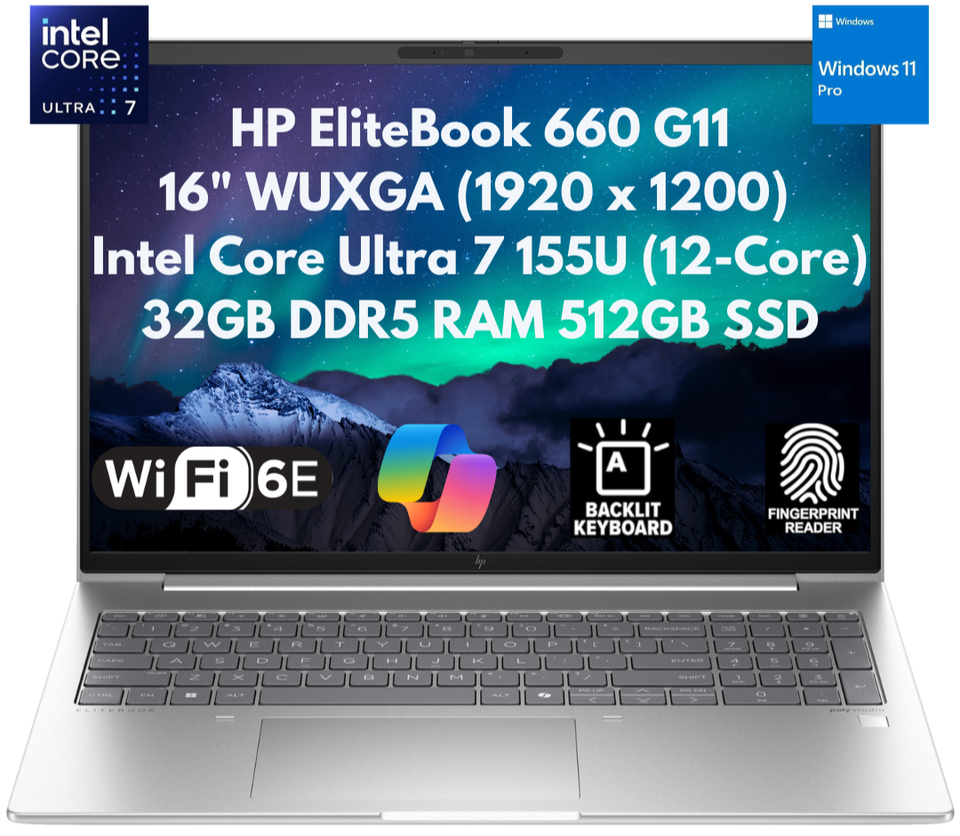 New HP EliteBook 660 G11 16" WUXGA Core Ultra 7 155U 32GB 512GB SSD IR Cam FPR