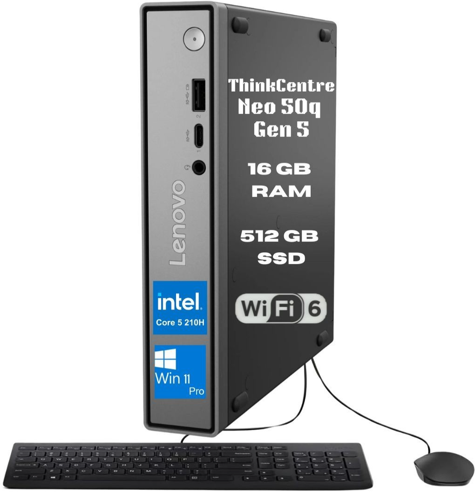 New Lenovo ThinkCentre Neo 50q Gen 5 Core 5 210H 16GB 512GB SSD Wi-Fi Kybd Mouse