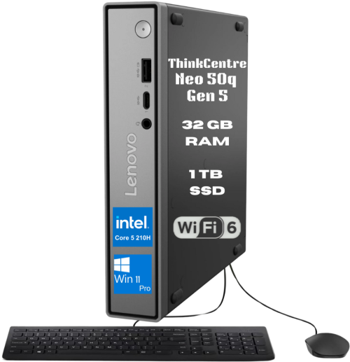 New Lenovo ThinkCentre Neo 50q Gen 5 Core 5 210H 32GB 1TB SSD Wi-Fi Kybd Mouse