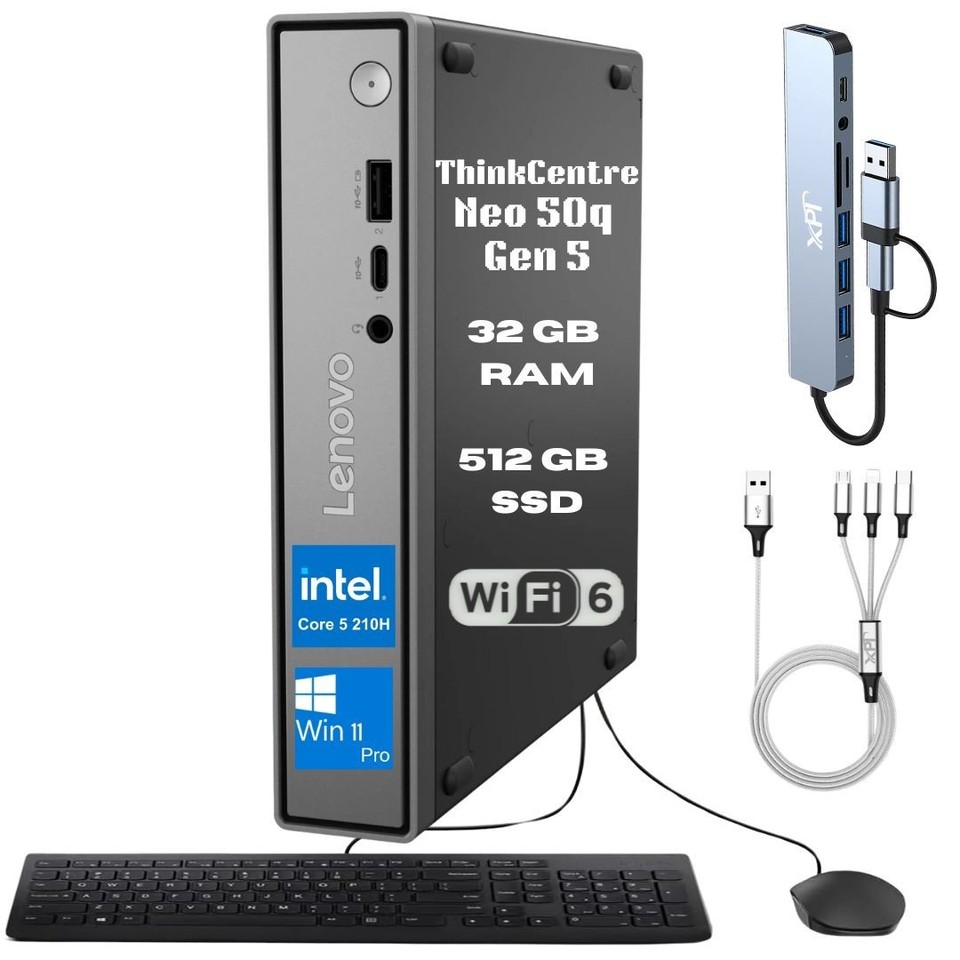 New Lenovo ThinkCentre Neo 50q Gen 5 Core 5 210H 32GB 512GB SSD Wi-Fi Kybd Mouse