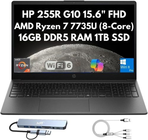 New HP 255R G10 15.6" FHD 8-Core Ryzen 7 7735U 16GB 1TB PCIe SSD Cam Win11Pro