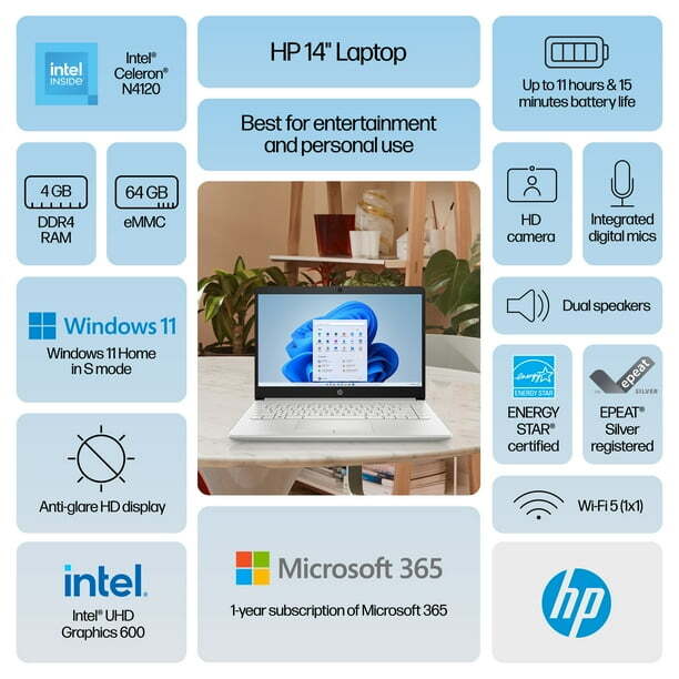HP Laptop 14" HD Intel Celeron N4120 4GB 64GB eMMC Webcam Office 365 Silver - Image 2