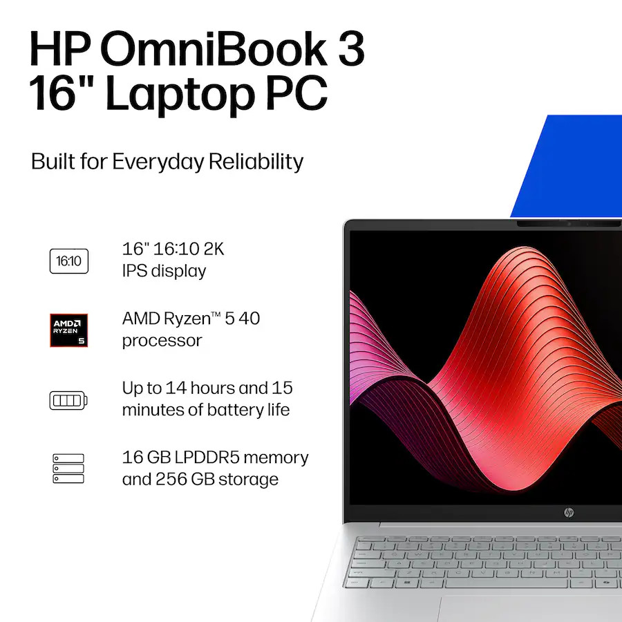 New HP OmniBook 3 16" 2K WUXGA Touch AMD Ryzen 5 40 16GB RAM 256GB SSD Cam W11H - Image 4