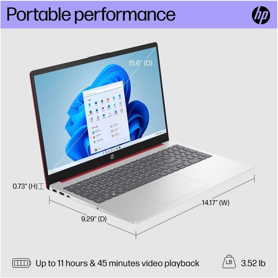 HP 15 Laptop 15.6" HD Pentium Quad-Core N200 16GB 128GB SSD Webcam Win 10 S Red - Image 4