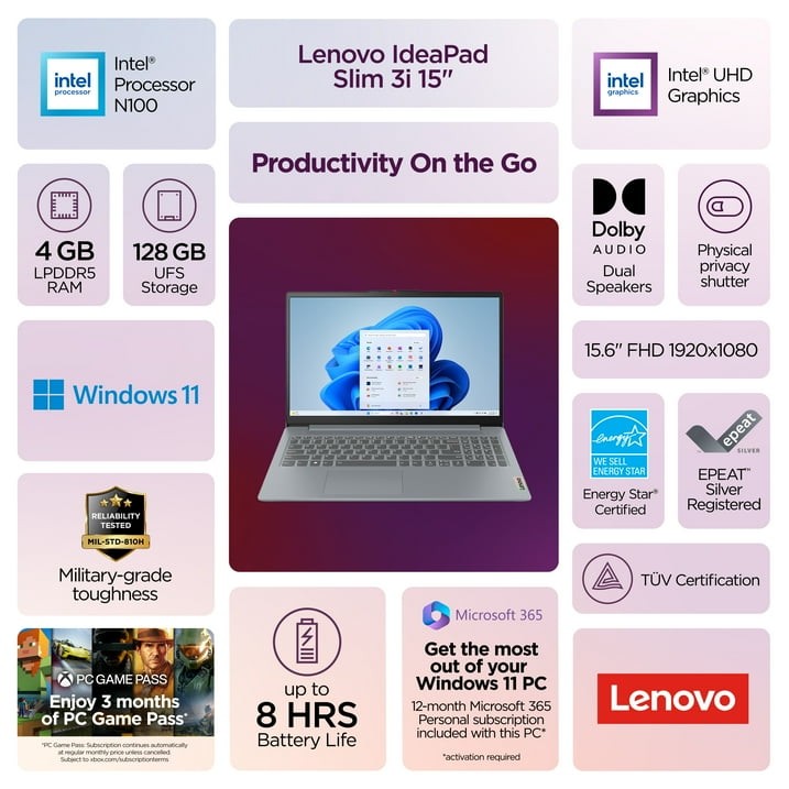 Lenovo IdeaPad Slim 3 15.6" FHD 4-Core Intel N100 4GB 128GB UFS Cam Office 365 - Image 2